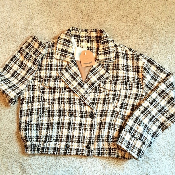 NWT Oversized Boho Crop Jacket Blazer Brown Cream Tweed Metallic Gold Sz S - Picture 15 of 15